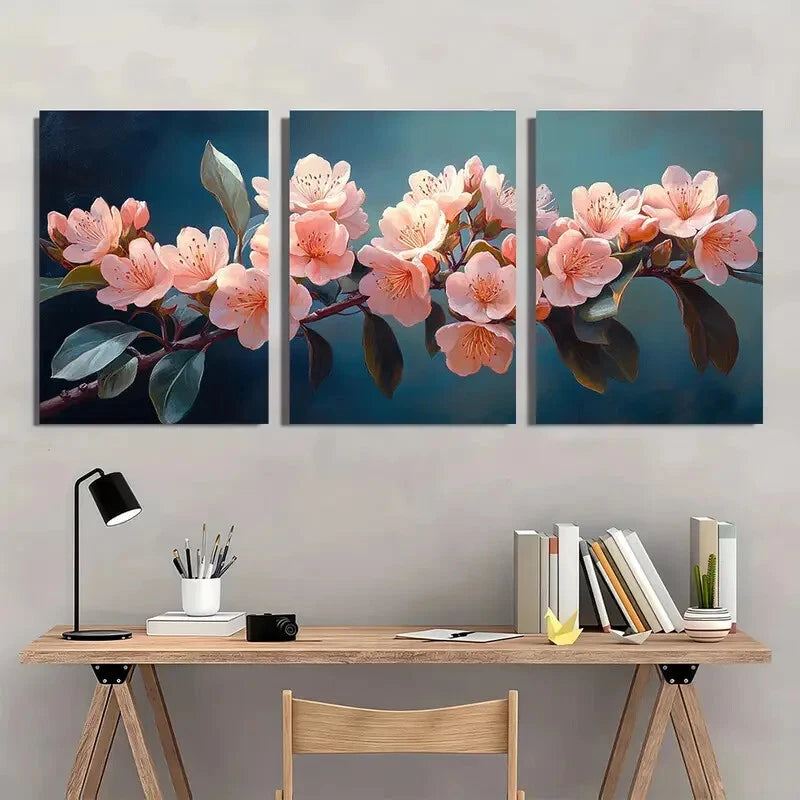 3pcs Pink & White Flowers with Green Leaves Metal Print Ready to Hang Art