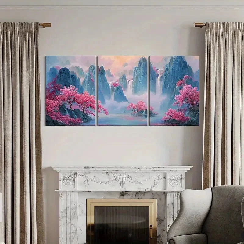 3pcs Artistic Landscape Painting Pink Blossoms Metal Print Ready to Hang Art