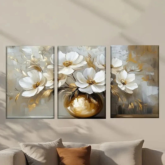 3pcs Elegant White Flowers in Golden Vase Wall Art Set Canvas Framed 40x60cm - High Quality Print 100% Australian Made Wall Canvas Ready to Hang