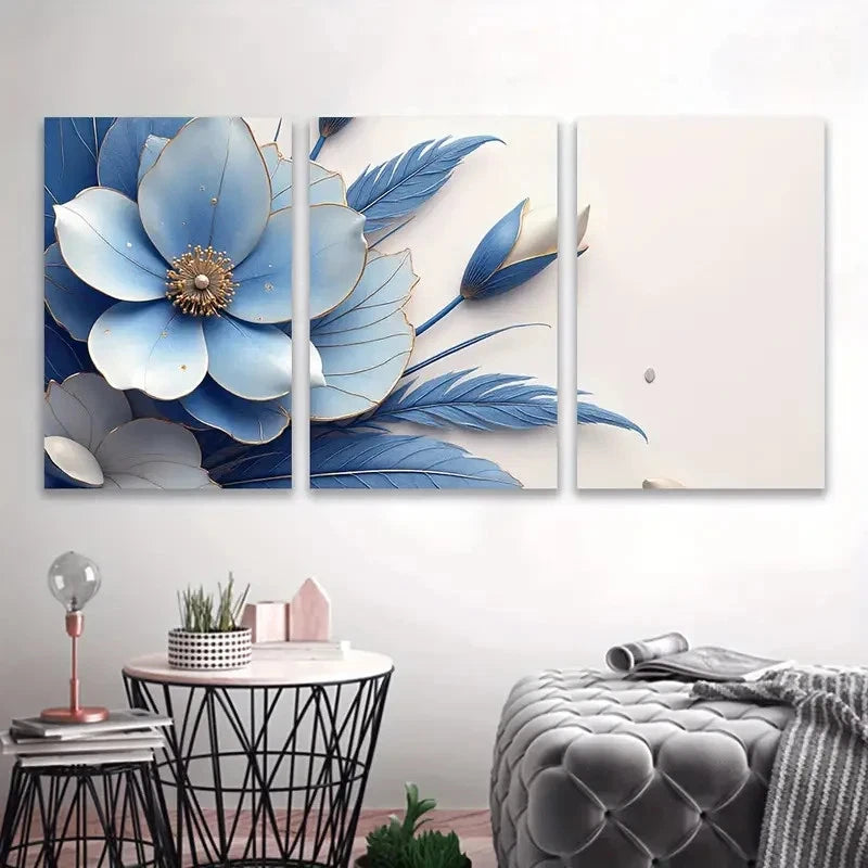 3pcs Blue Abstract Flowers Painting Wall Art Set Canvas Framed 40x60cm - High Quality Print 100% Australian Made Wall Canvas Ready to Hang