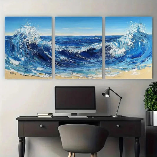 3pcs Blue Abstract Ocean Landscape Wave Beach Wall Art Set Canvas Framed 50x70cm - High Quality Print 100% Australian Made Wall Canvas Ready to Hang