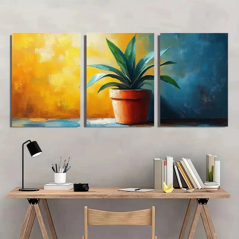 3pcs Vibrant Abstract Potted Plant Theme Metal Print Ready to Hang Art
