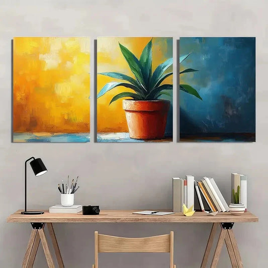 3pcs Vibrant Abstract Potted Plant Theme Metal Print Ready to Hang Art