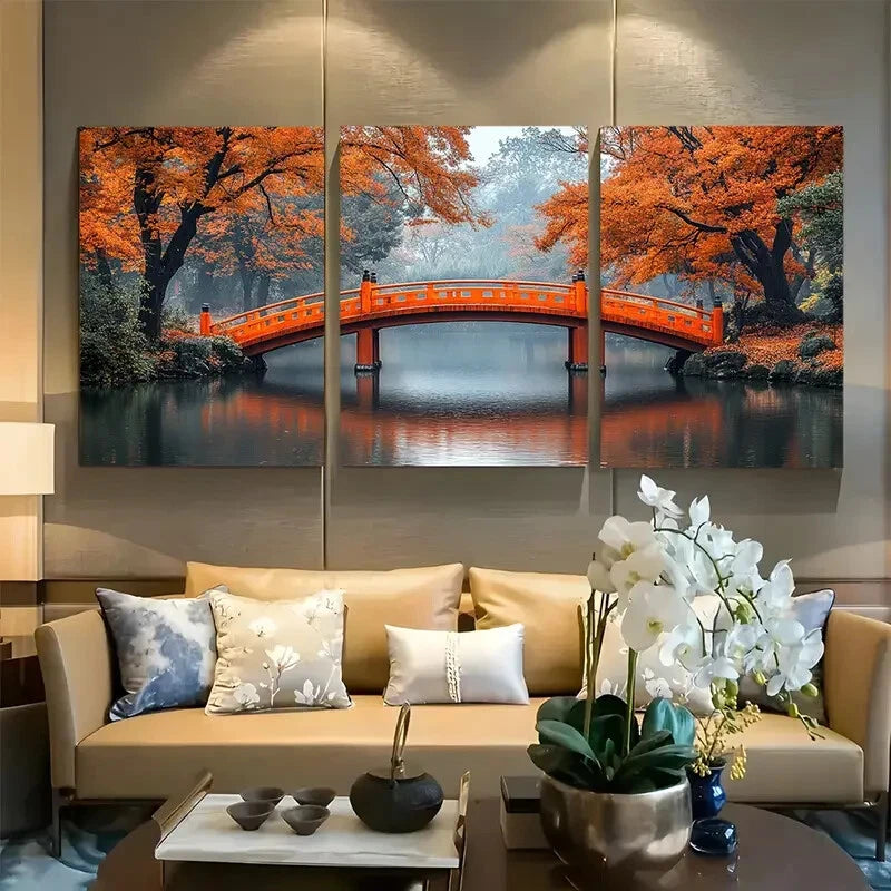 3pcs Japanese Bridge in Autumn Metal Print Ready to Hang Art