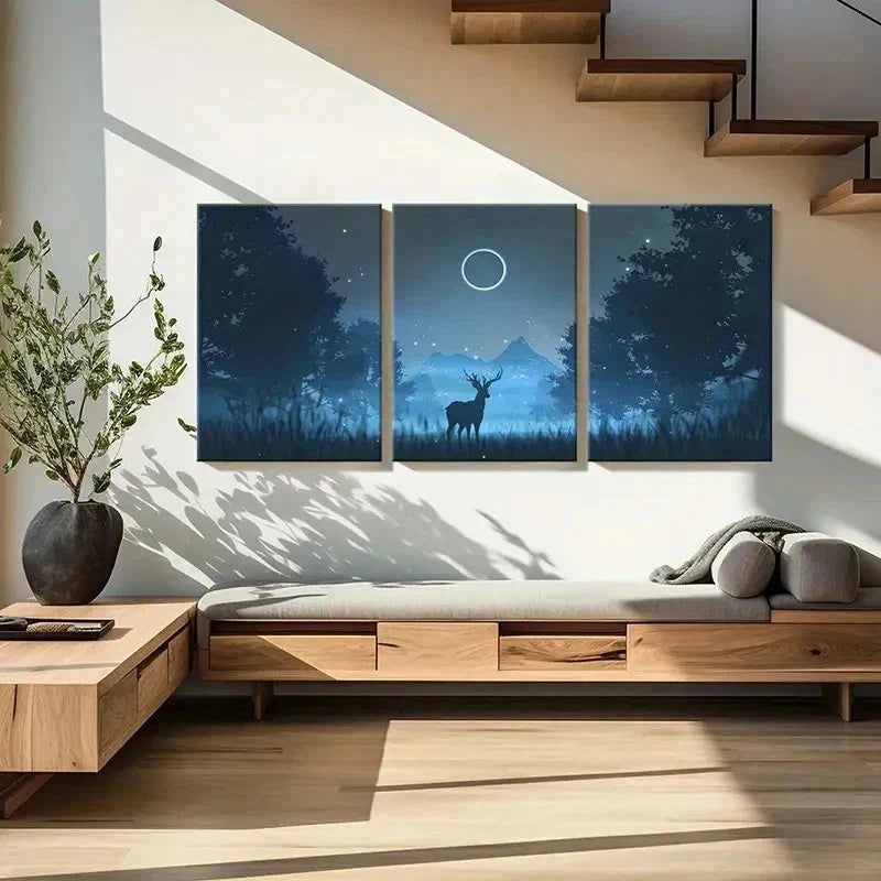 3pcs Fantasy Cartoon Night with an Elk Modern  Wall Art Set Canvas Framed 40x60cm - High Quality Print 100% Australian Made Wall Canvas Ready to Hang