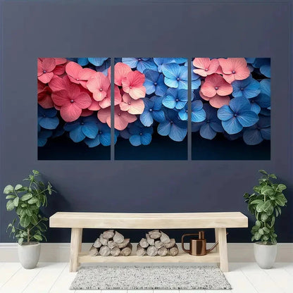 3pcs Hydrangea Flower Pink & Blue Floral Wall Art Metal Print Ready to Hang Art