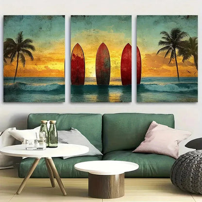 3pcs Surfboards Retro Beach Palm Trees Metal Print Ready to Hang Art