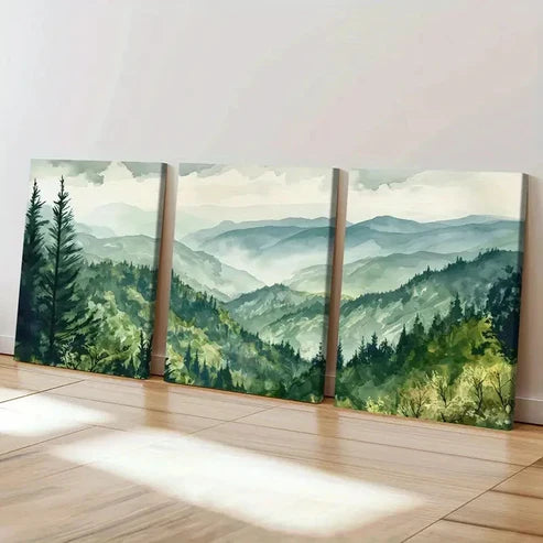 3pcs Vintage Mountain Green Forest Misty Hills Wall Art Set Canvas Unframed - High Quality Print 100% Australian Made Wall Canvas