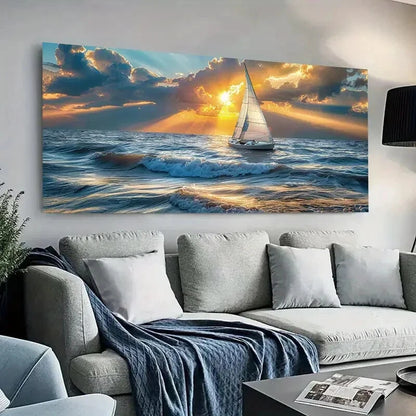 Golden Sunset Ocean Waves wall canvas office home room framed 120x60cm - Bella Home Decor