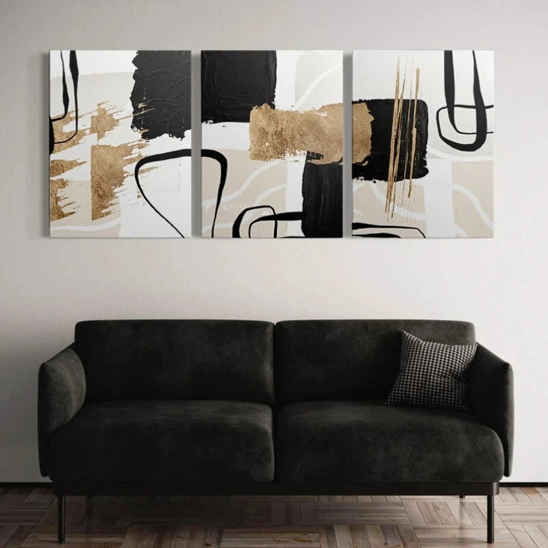 3pcs Modern Abstract Golden Black Metal Print Ready to Hang Art