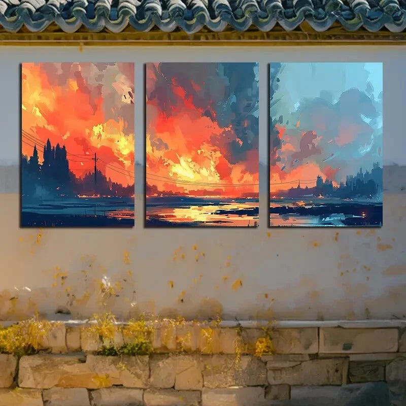 3pcs Vibrant Sunset Sky Landscape Illustration Metal Print Ready to Hang Art