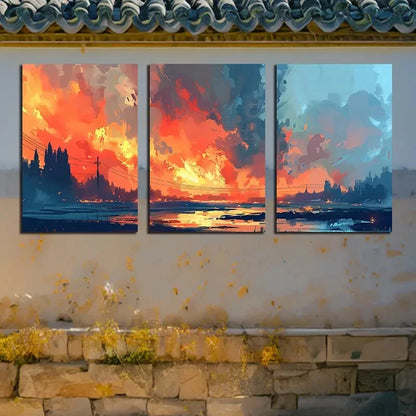 3pcs Vibrant Sunset Sky Landscape Illustration Metal Print Ready to Hang Art