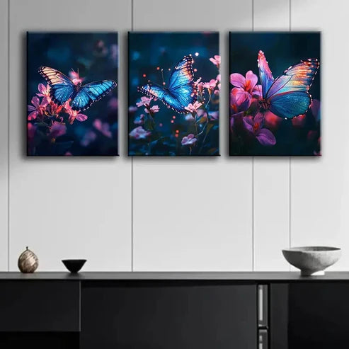 3pcs Glowing Butterfly Colorful Nature Perfect Wall Art Set Canvas Unframed - High Quality Print 100% Australian Made Wall Canvas