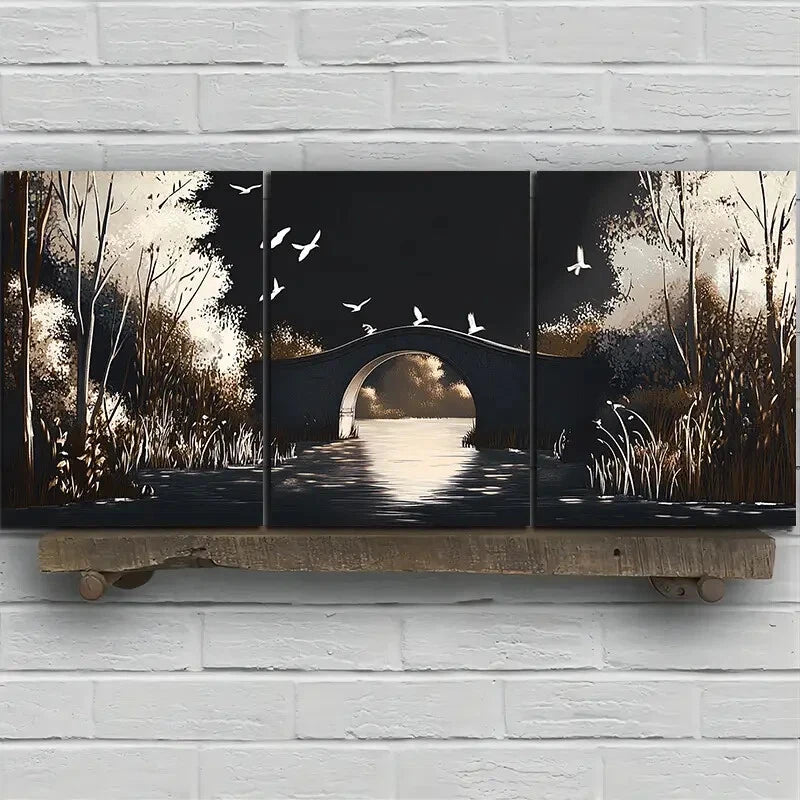 3pcs Beautiful Arch Bridge White Birds Metal Print Ready to Hang Art