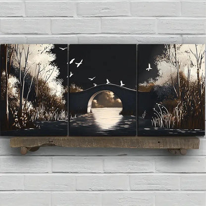 3pcs Beautiful Arch Bridge White Birds Metal Print Ready to Hang Art