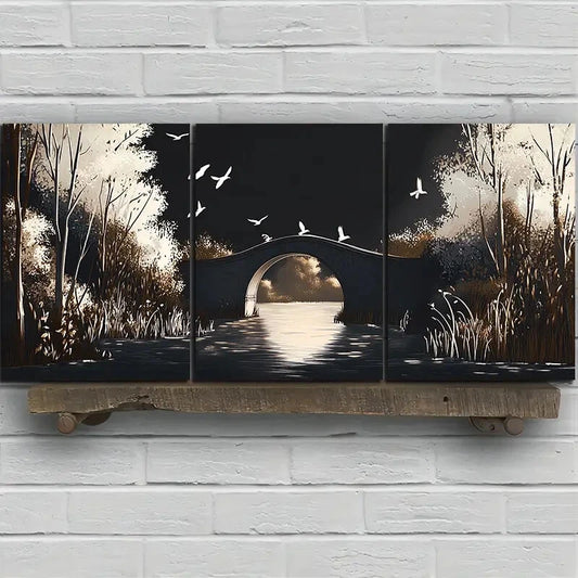 3pcs Beautiful Arch Bridge White Birds Metal Print Ready to Hang Art