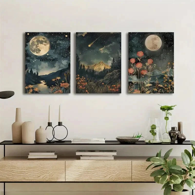 3pcs Mountain River Moon and Wildflowers Metal Print Ready to Hang Art
