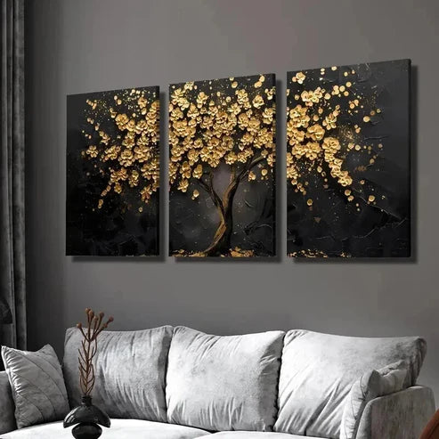 3pcs Abstract Golden Leaf Flower Tree  Wall Art Set Canvas Unframed - High Quality Print 100% Australian Made Wall Canvas