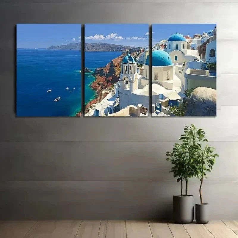 3pcs Greek Churches by Sea with Blue Domes Metal Print Ready to Hang Art