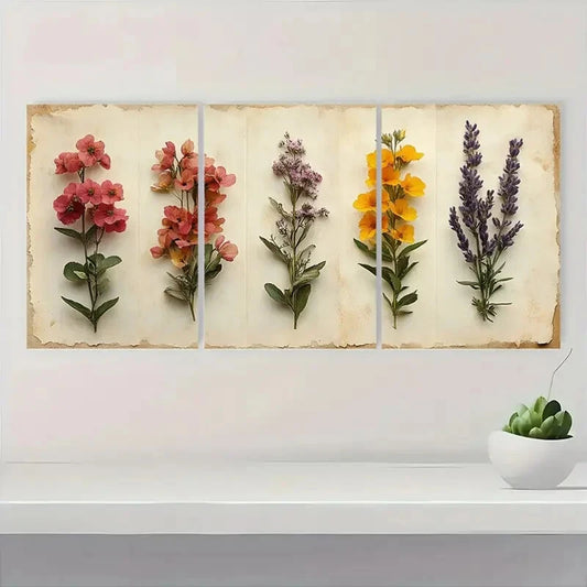 3pcs Rustic Wildflower Botanical Herbarium Design Metal Print Ready to Hang Art