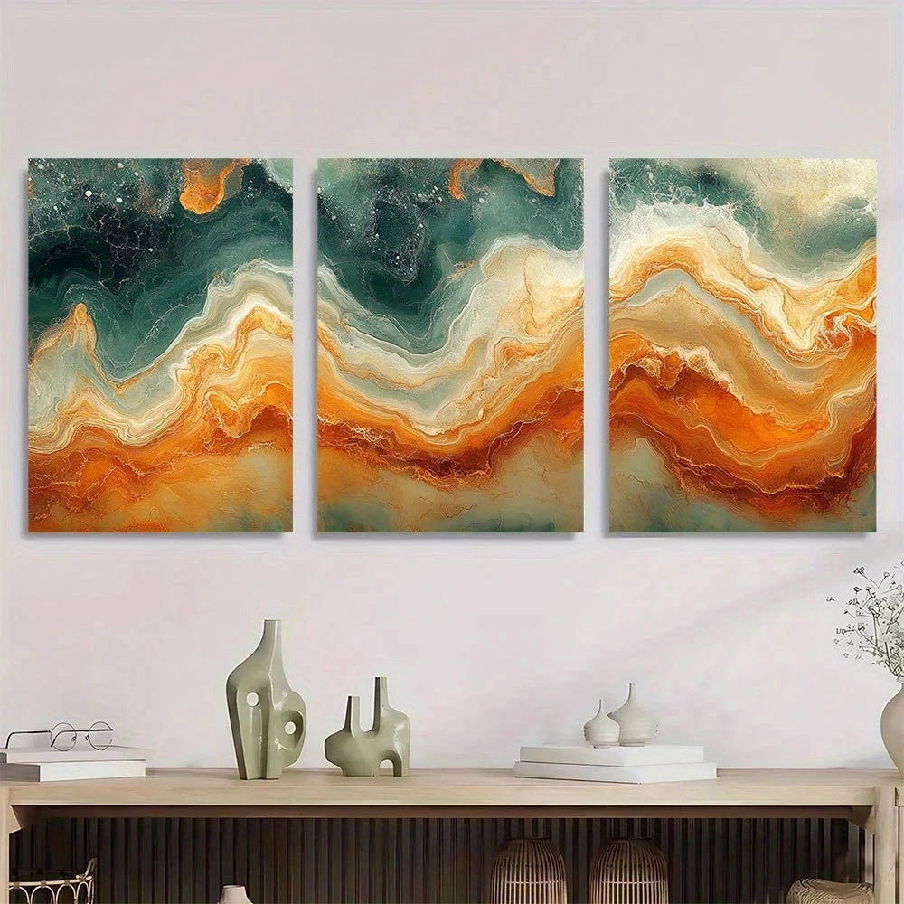3pcs Swirls Of Burnt Orange Olive Green Earthy Metal Print Ready to Hang Art