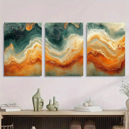 3pcs Swirls Of Burnt Orange Olive Green Earthy Metal Print Ready to Hang Art
