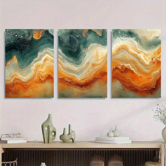 3pcs Swirls Of Burnt Orange Olive Green Earthy Metal Print Ready to Hang Art