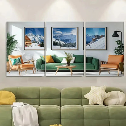 3pcs Swiss Alps Ski Scene &Serene Alpine Landscape Metal Print Ready to Hang Art