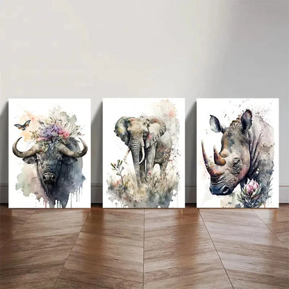 3pcs Buffalo Elephant Rhino Safari Wild Life Metal Print Ready to Hang Art