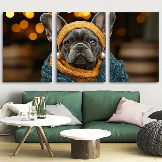 3pcs French Bulldog with Pearl Earring Metal Print Ready to Hang Art