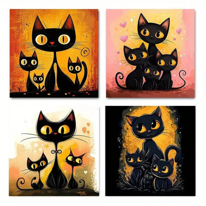 4pcs Black Cat Full Moon Picture Wall Art Canvas Framed