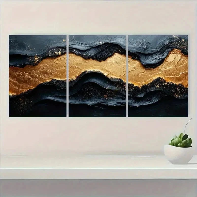3pcs Modern Abstract Black & Golden Textured Metal Print Ready to Hang Art