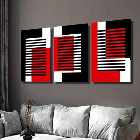 3pcs Abstract Geometric Black White Red Line Wall Art Set Canvas Unframed - High Quality Print 100% Australian Made Wall Canvas