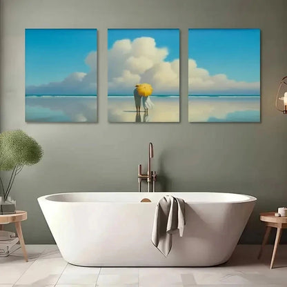 3pcs Yellow Umbrella Blue Sky & White Clouds Metal Print Ready to Hang Art