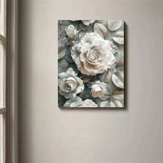 Beautiful Elegant White Rose Painting 40x60cm Metal Print Ready to Hang