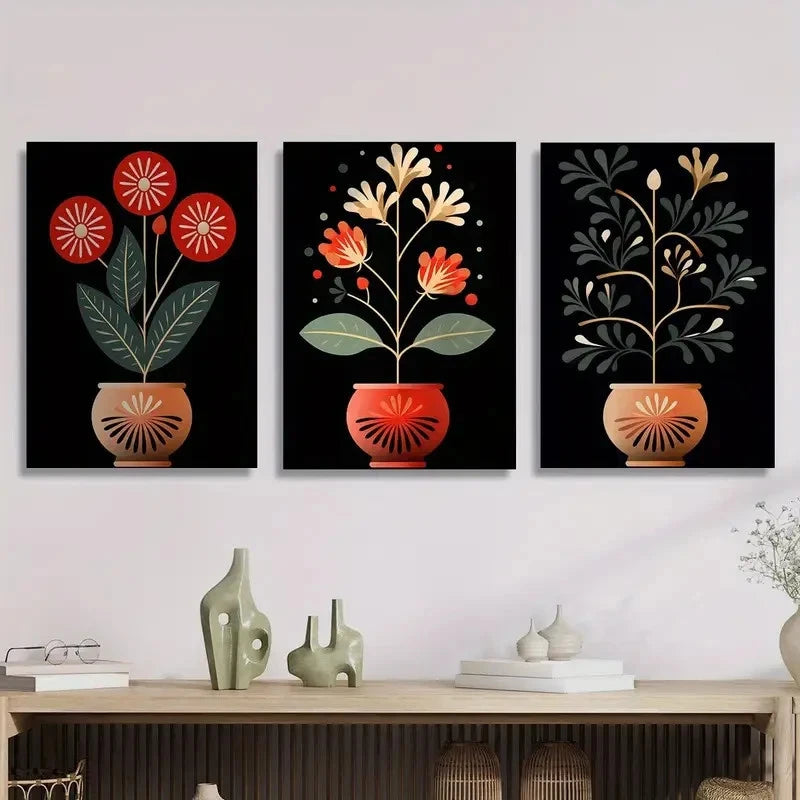 3pcs Floral Illustration of Plants in Pots Metal Print Ready to Hang Art