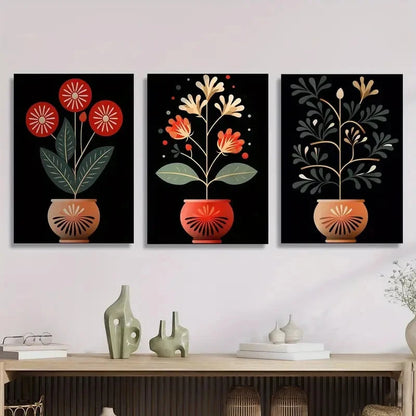 3pcs Floral Illustration of Plants in Pots Metal Print Ready to Hang Art