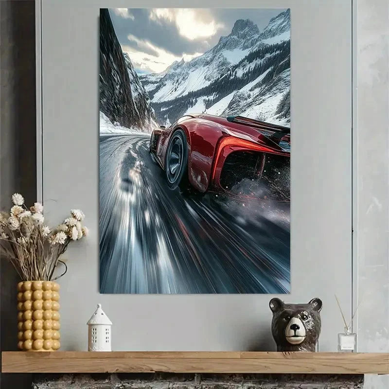 Racing Mountain Landscape Red Car Action Poster 40x60cm Metal Print Ready to Hang