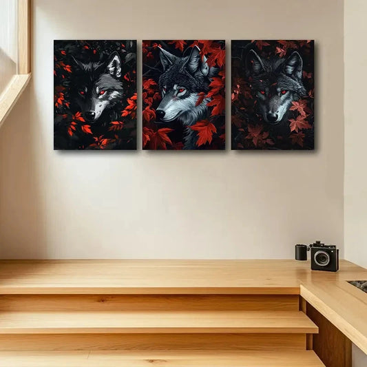 3pcs Red Eyes Wolf Black and Red Illustration Metal Print Ready to Hang Art