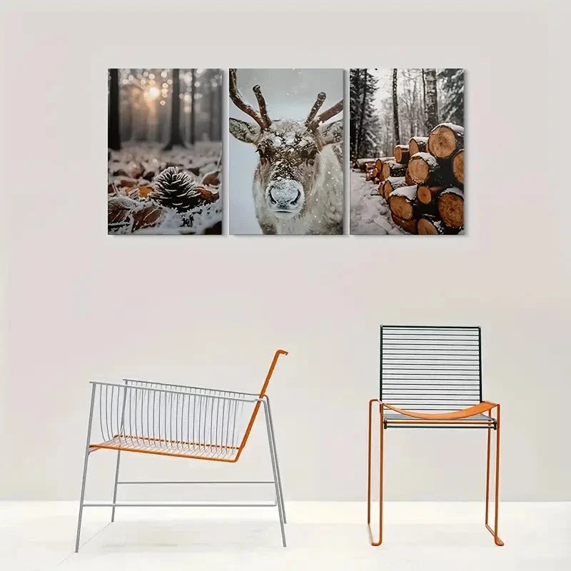 3pcs Snowy Forest Deer & Log Pile Metal Print Ready to Hang Art