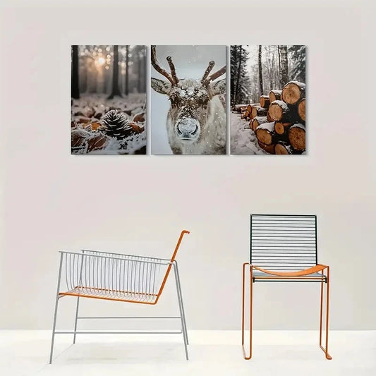 3pcs Snowy Forest Deer & Log Pile Metal Print Ready to Hang Art