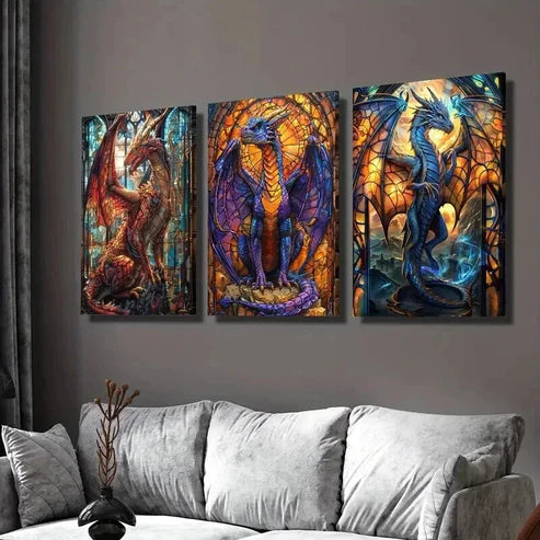3pcs Vibrant Majestic Dragon Paintings Wall Art Set Canvas Unframed - High Quality Print 100% Australian Made Wall Canvas