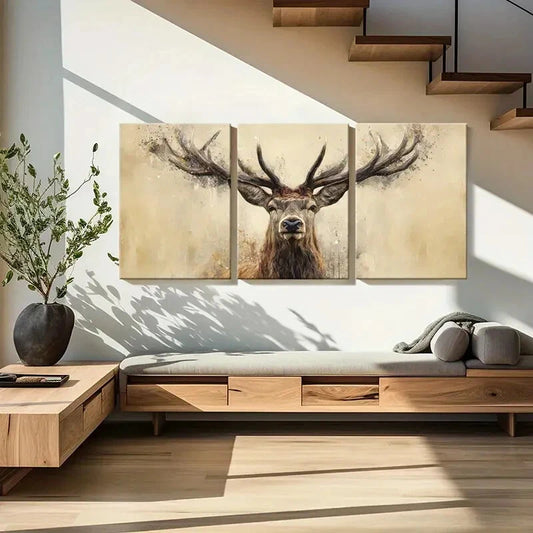 3pcs Artistic Deer Portrait Abstract Antlers Wild Metal Print Ready to Hang Art