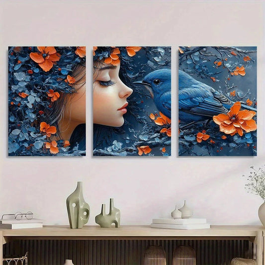 3pcs Antler Girl with Bluebird Vibrant Floral Metal Print Ready to Hang Art
