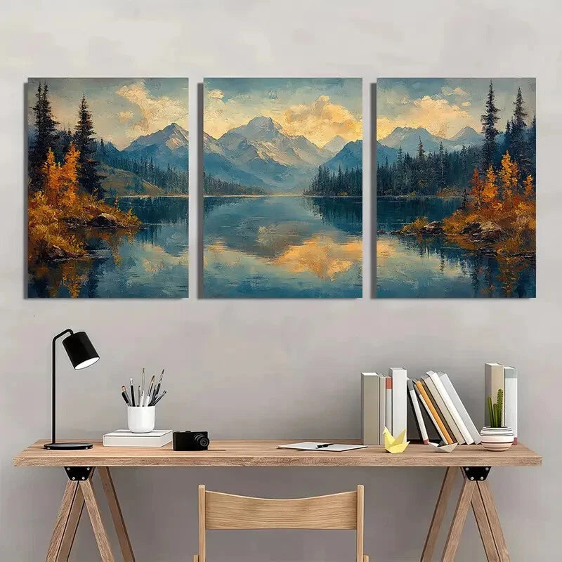 3pcs Rustic Lake Painting Mountain Landscape Metal Print Ready to Hang Art