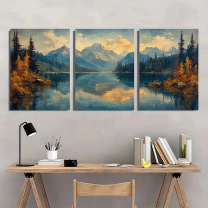 3pcs Rustic Lake Painting Mountain Landscape Metal Print Ready to Hang Art