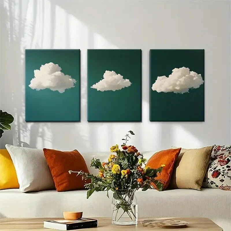 3pcs Dreamy White Clouds on Deep Green Perfect Wall Art Set Canvas Framed 40x60cm - High Quality Print 100% Australian Made Wall Canvas Ready to Hang