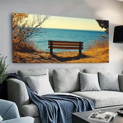 Lone Wooden Bench Beach wall canvas office home room framed 120x60cm - Bella Home Decor