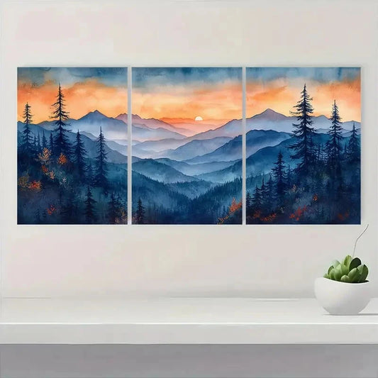 3pcs Blue Roan Mountains Watercolor Art Metal Print Ready to Hang Art