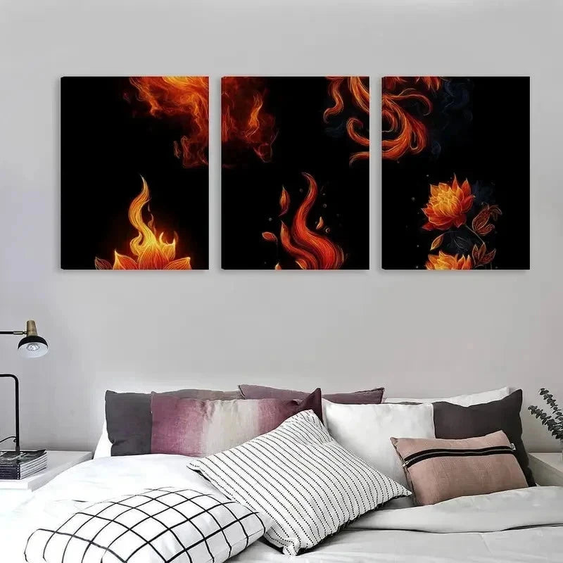 3pcs Fire & Flame Golden Black Orange Hues  Wall Art Set Canvas Framed 60x90cm - High Quality Print 100% Australian Made Wall Canvas Ready to Hang